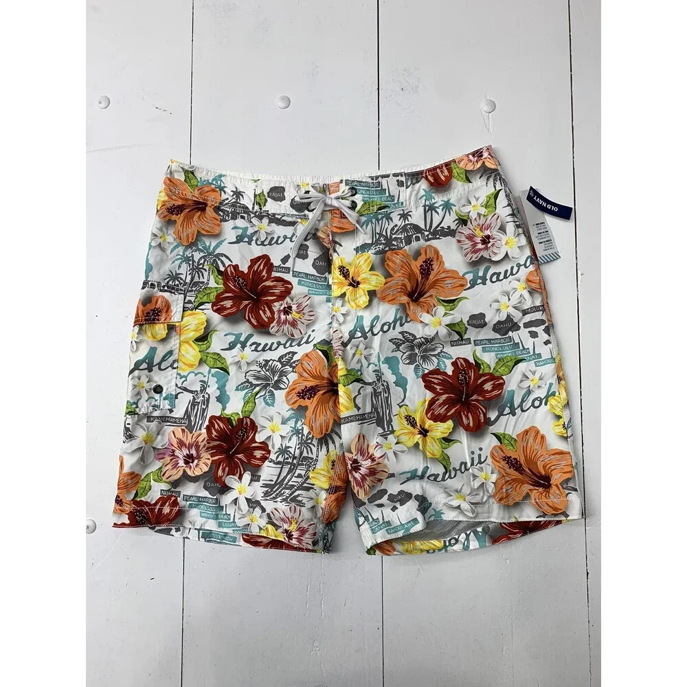 Old Navy Mens White Multicolor Floral Print Swim Trunks Size XL